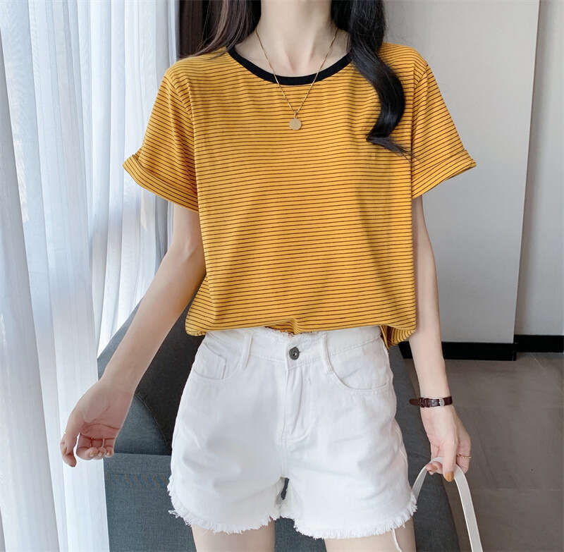 Striped T-Shirt Short Sleeve Women Summer New Round Neck Loose Ins Style Casual Student Top B5