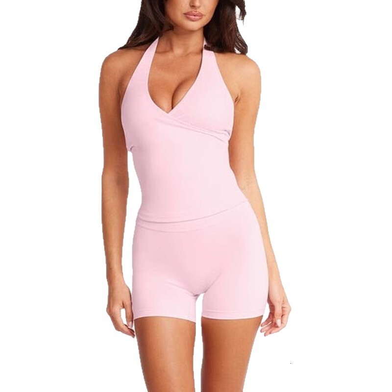 V-neck Cross Halter Sports Vest with Chest Pads Outfit for Women High-end Yoga Shorts Set