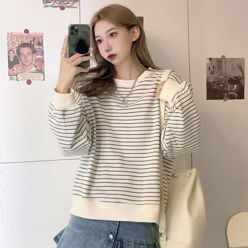 Women's Sweatshirt Early Autumn New Korean Style Loose Design Striped Top Round Neck Pullover Long Sleeve T-Shirt Trendy B5