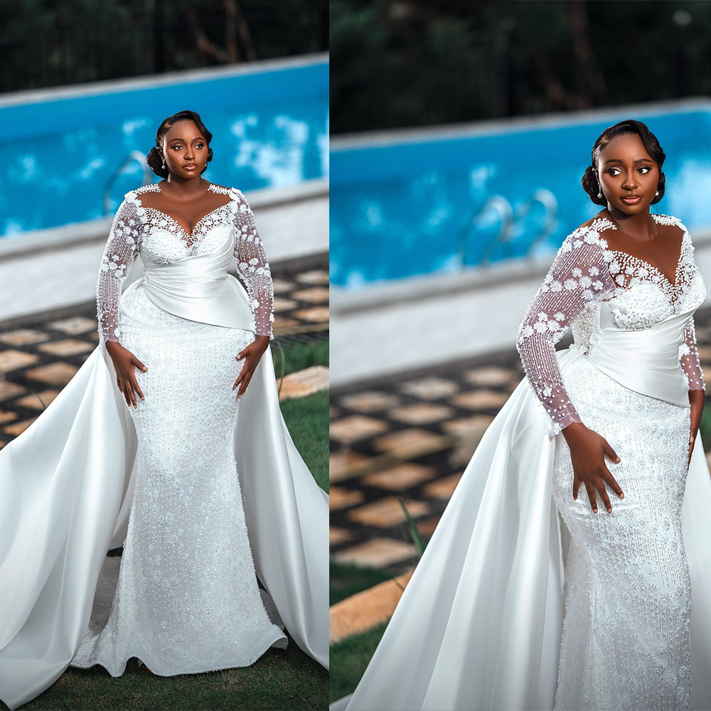 Stylish Wedding Dresses Sequins Beading Bridal Gowns Detachable Train Pearls O Neck Long Sleeve Mermaid Customized Bride Vestidos De Novia Plus Size