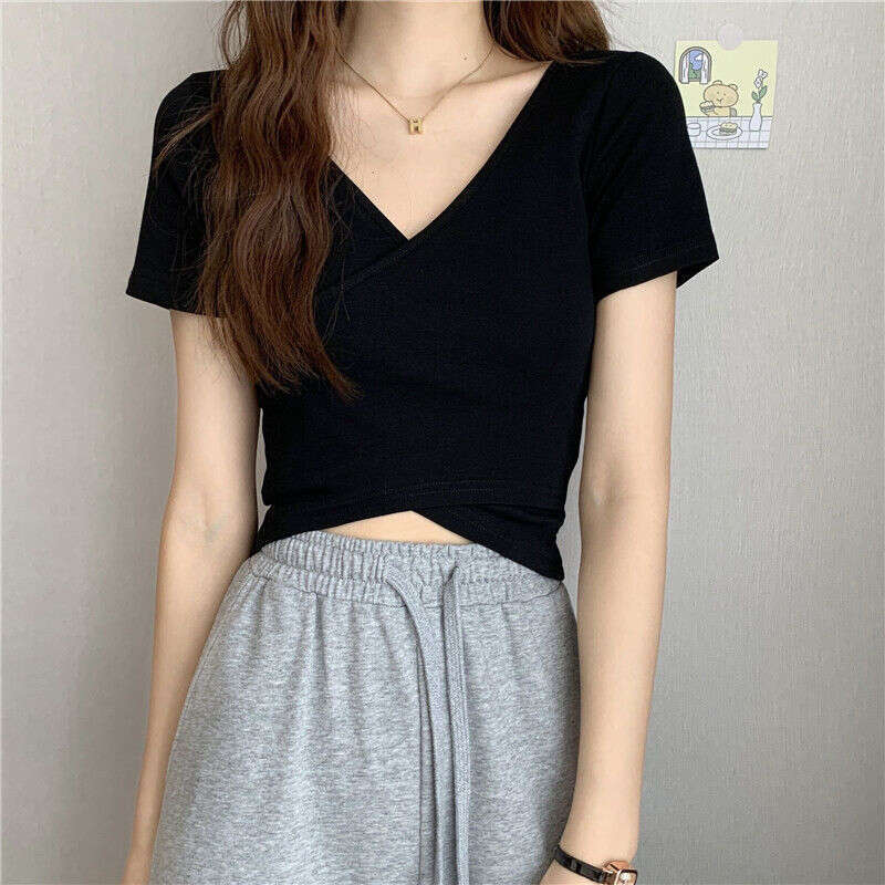 Summer New Design Cross Versatile Slim Fit Sleeve T-Shirt Korean Style Short Solid Color Top For Women B5