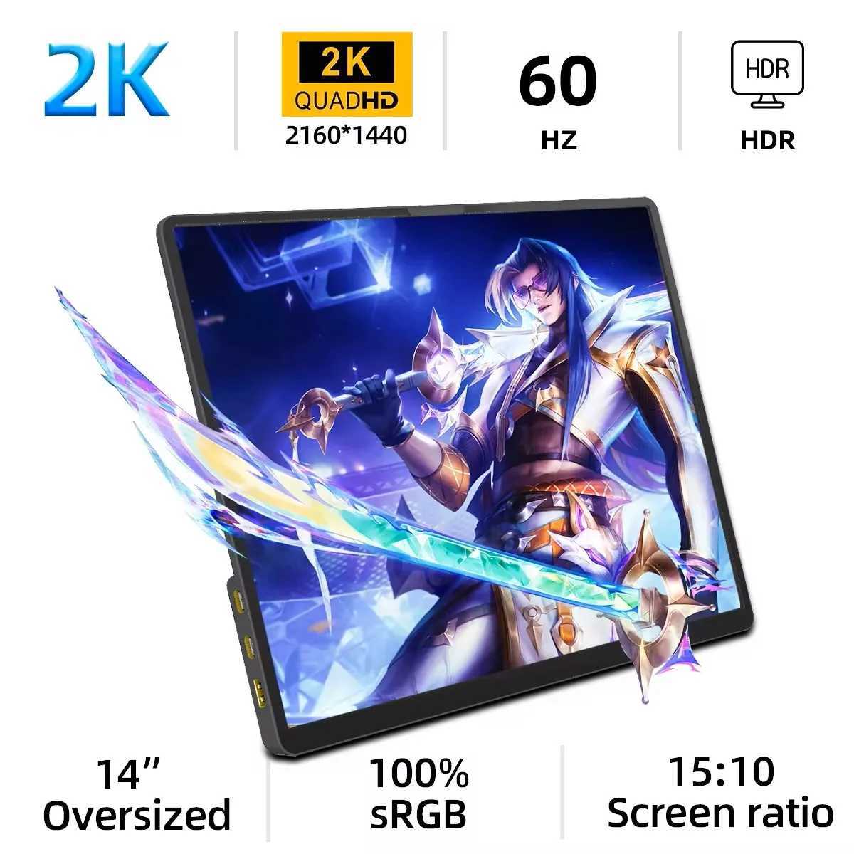 14 Inch 2K Portable Monitor 15 10 2160*1440 IPS HDMI TYPEC For Laptop XBox PS4/5 Switch Cell Phone Computer Extension Office L250710