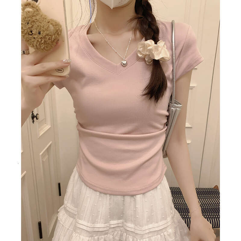 American Style Spicy Girl Solid Color Simple V-Neck T-Shirt For Women Summer New Short Slim Fit Versatile Pullover Student Top B5