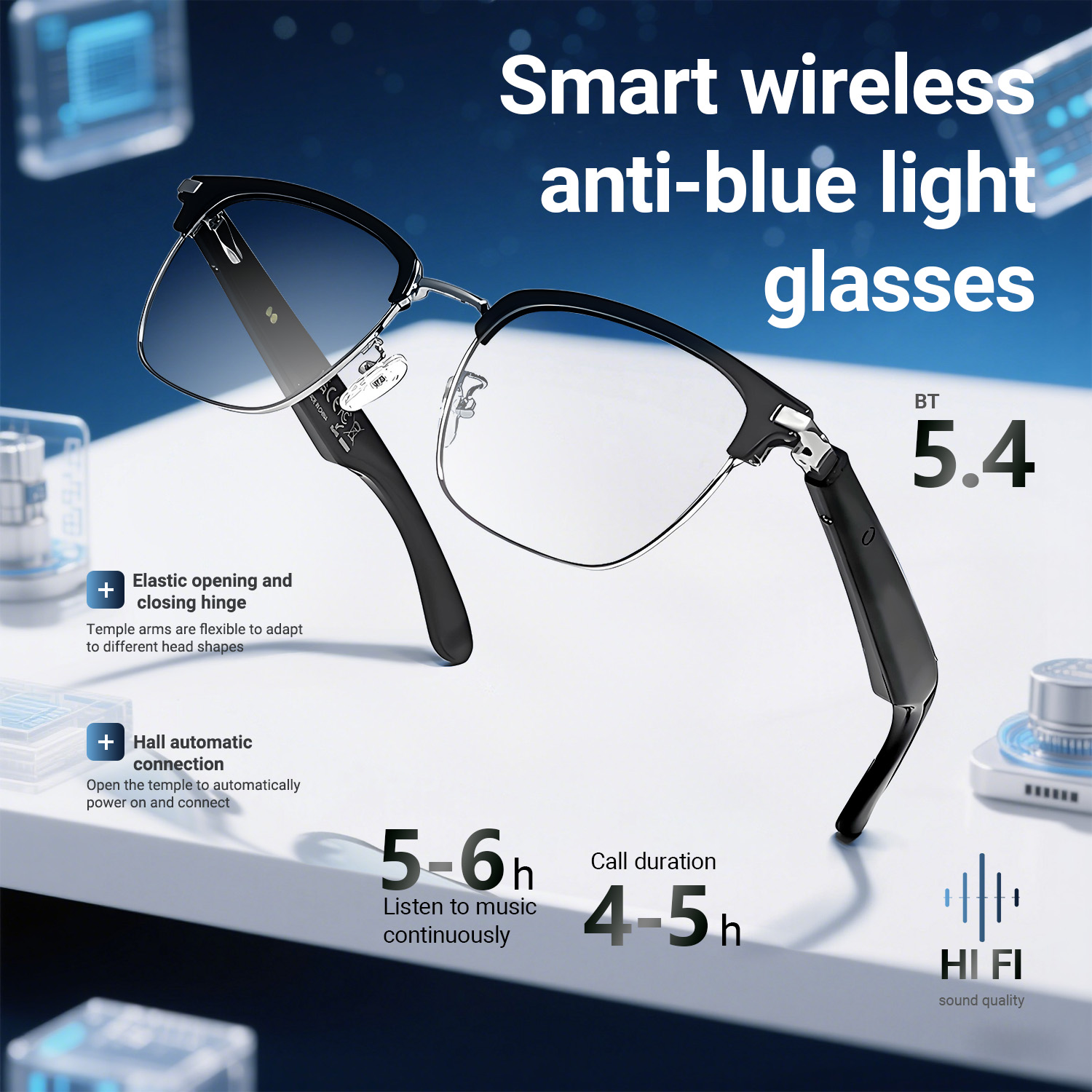 LIGE Smart glasses, adaptive photochromic lenses with light, open ear speakers and microphones Wireless call music control sports outdoor glasses