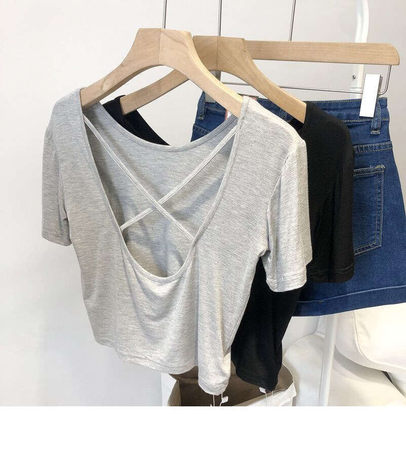 Summer New Korean Style Slim Fit Cross Back Base Short Sleeve T-Shirt For Women B5
