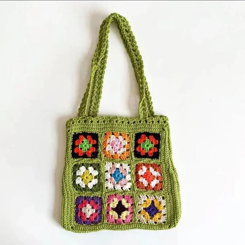 Women Boho Woven Tote Summer Beach Handbag Floral Handmade Weaving Shoulder Bags Hand Crochet Bag Flower Stitching Shopper y250703