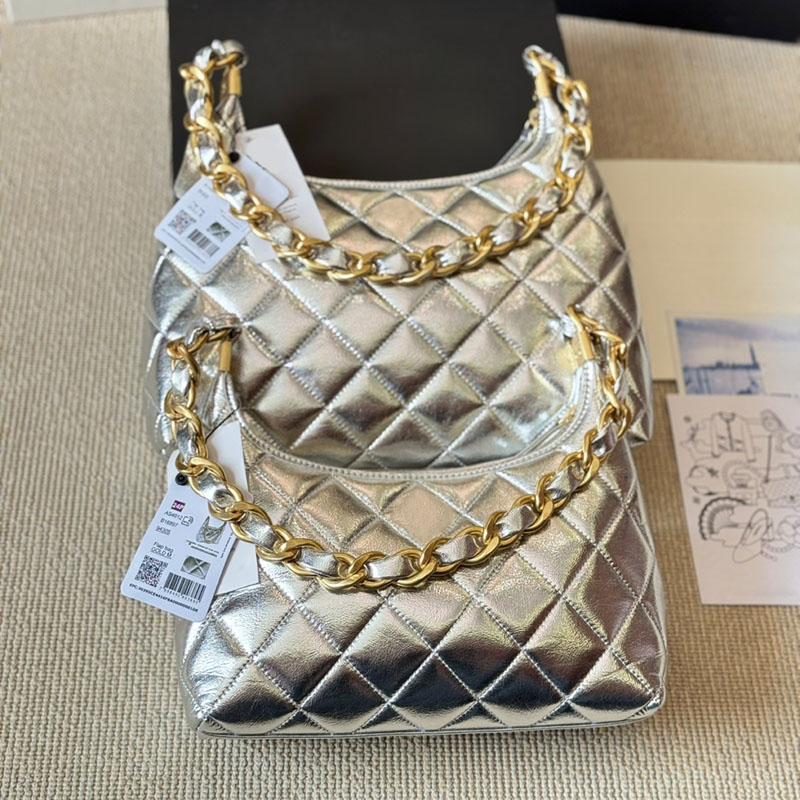 Women Vintage Leisure Hobo Underarm Bag Thick Metal Chain Shiny Oil Wax Leather Gold Hardware Quilted Diamond Lattice Zipper Sacoche Shoulder Tote Handbags 20/30cm