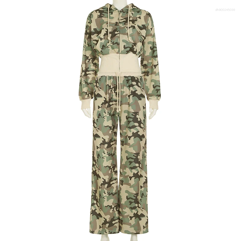 Women's Two Piece Pants BIIKPIIK Streetwear Camouflage Sets Patchwork Zipper Women Jacket Suit Fashion Hoodies Spring Light Coats Drawstring