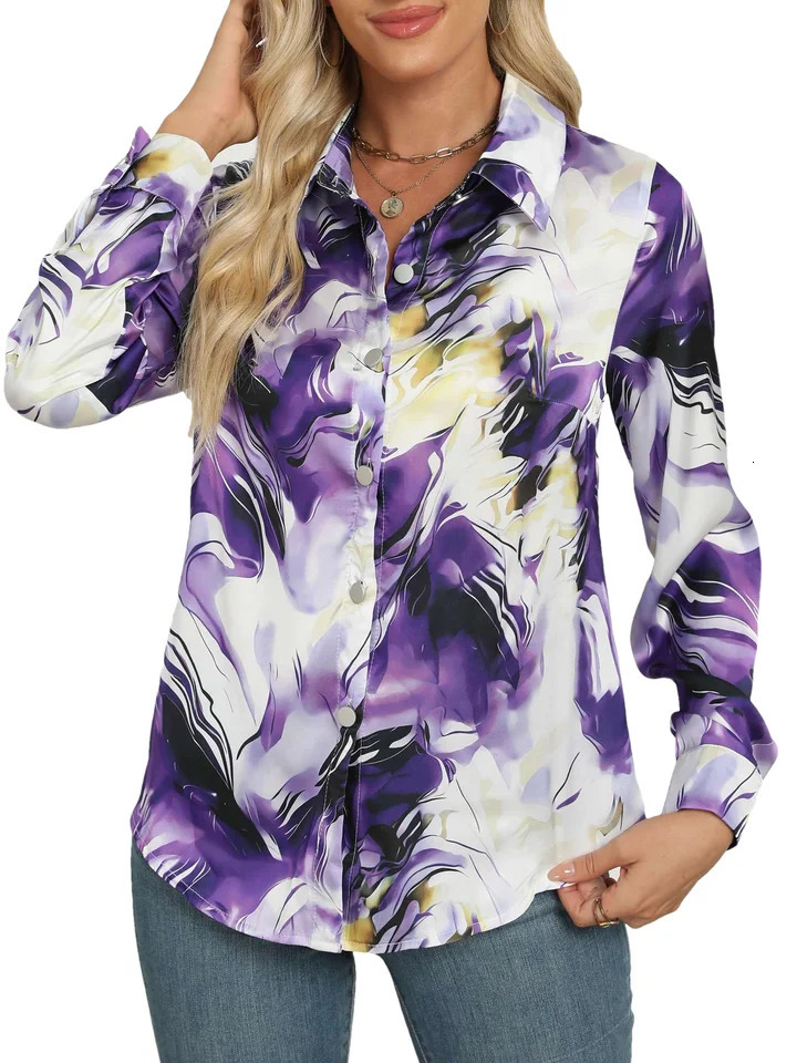 Marble Print Button Front Long Sleeve ShirtLong Sleeve Tops 250708