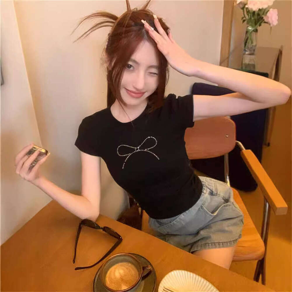 Summer American Style Hot Girl Sleeve T-Shirt Women's Crop Black Bow Rhinestone Slim Fit Short Top Trendy B5