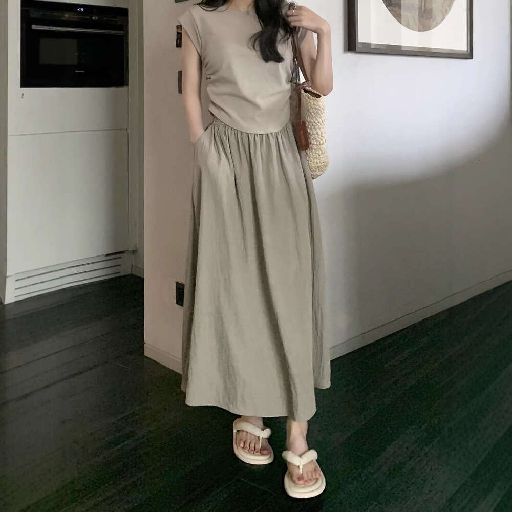 Pleated Mid-Length For Women Summer New High Slimming Elastic Waist A-Line Umbrella Skirt B5