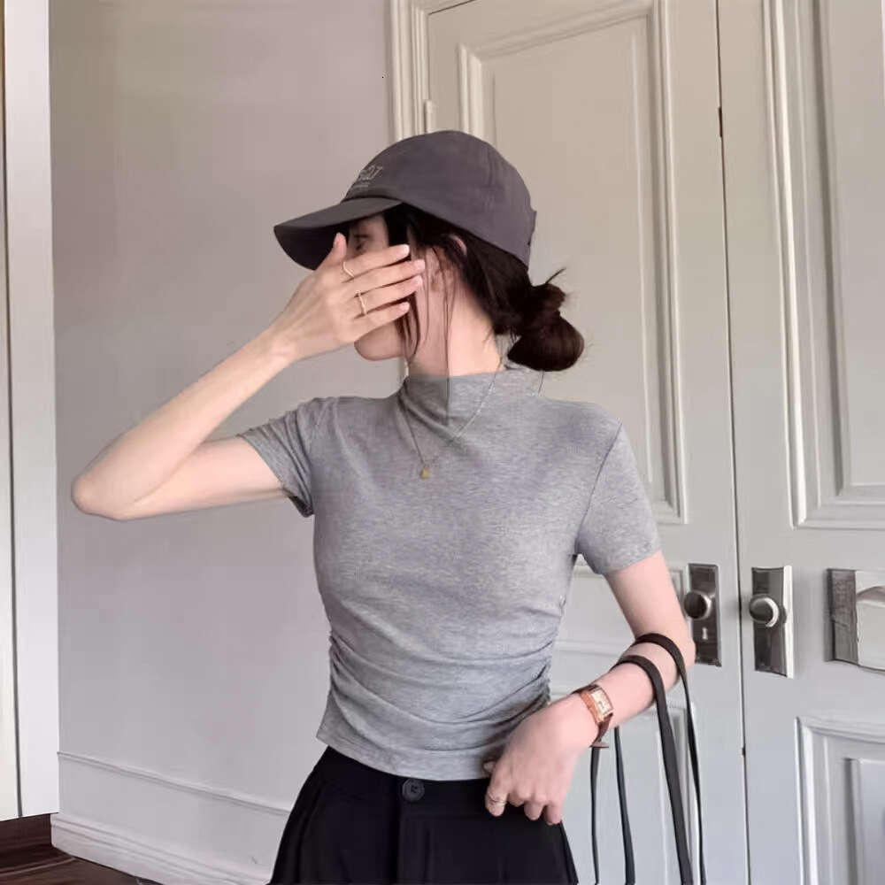 Half Turtleneck Sleeve T-Shirt For Women Summer New Base Shirt Slim Fit Short Student Pleated Top B5