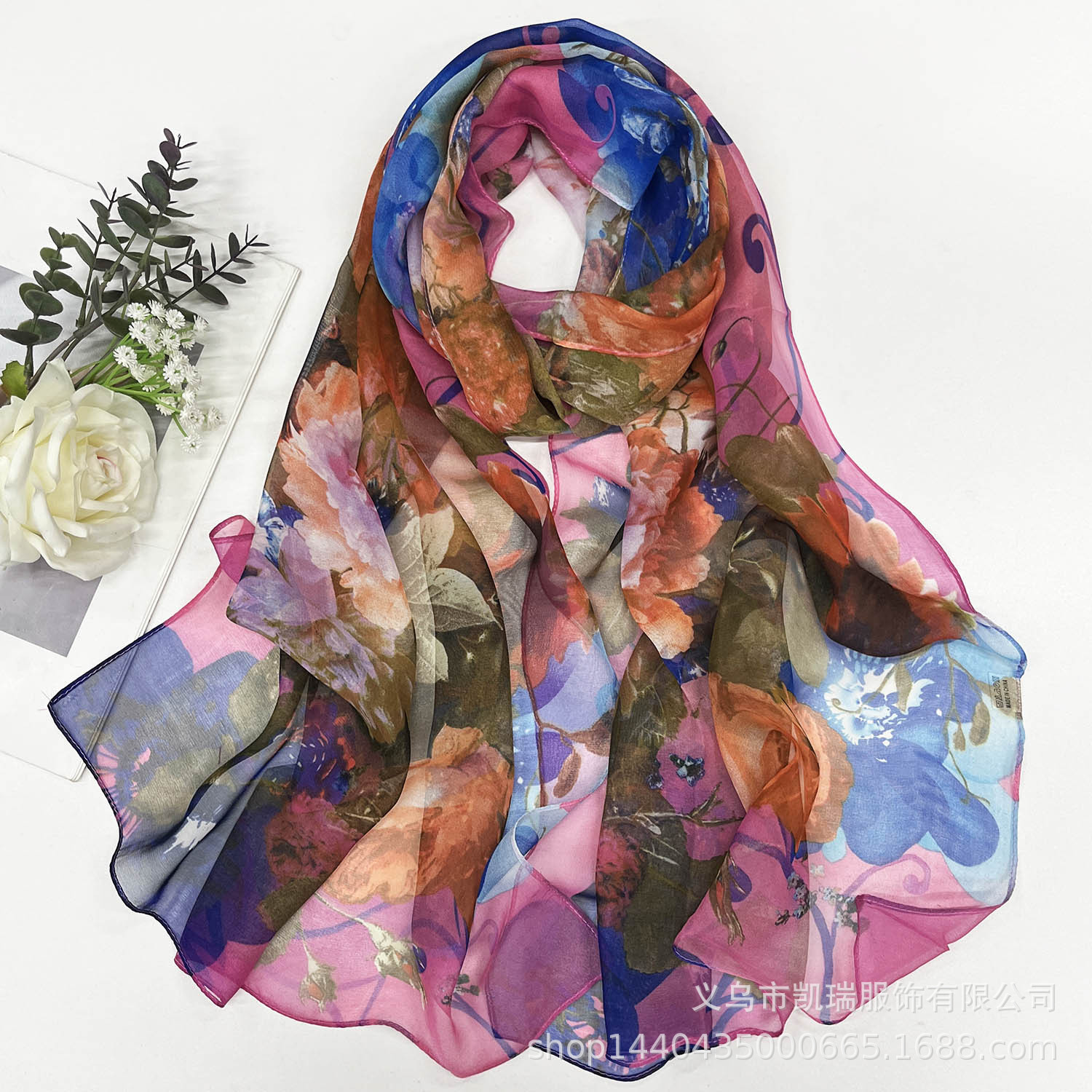 K1303 Fashionable and versatile Georgette silk scarf for women, summer sun protection scarf, moonlight forest thin long strip printed cross-border sha