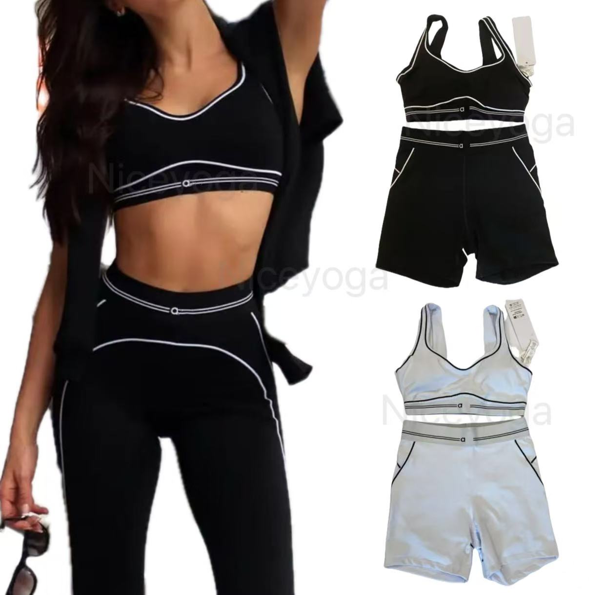 New 2025 5A top Yoga Set Seamless Tops Sports Heart Throb Bra+Leggings High End White Striped Low Back Dance Yoga Outfits Summer Women bra set