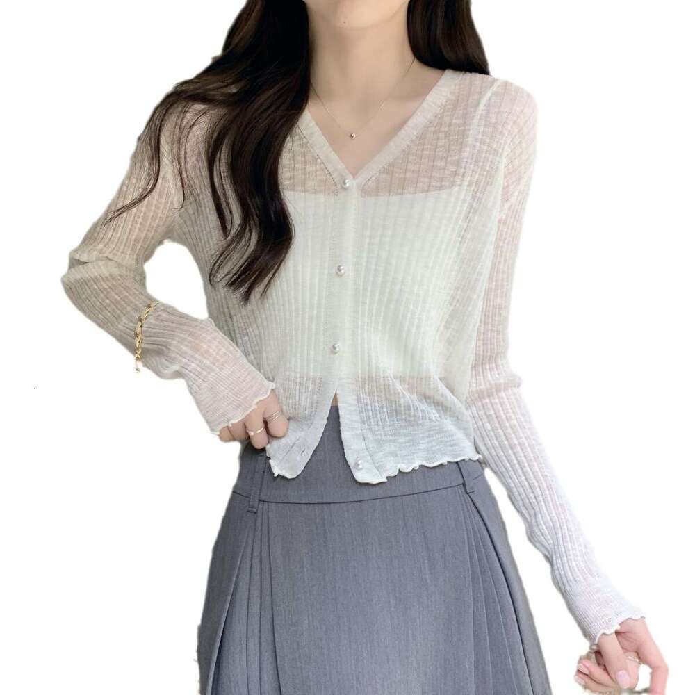 Summer Sun Protection Cardigan For Women, Thin Loose Ruffled Edge Outerwear Shawl, Short Student Knitted Ice Silk Shirt B5