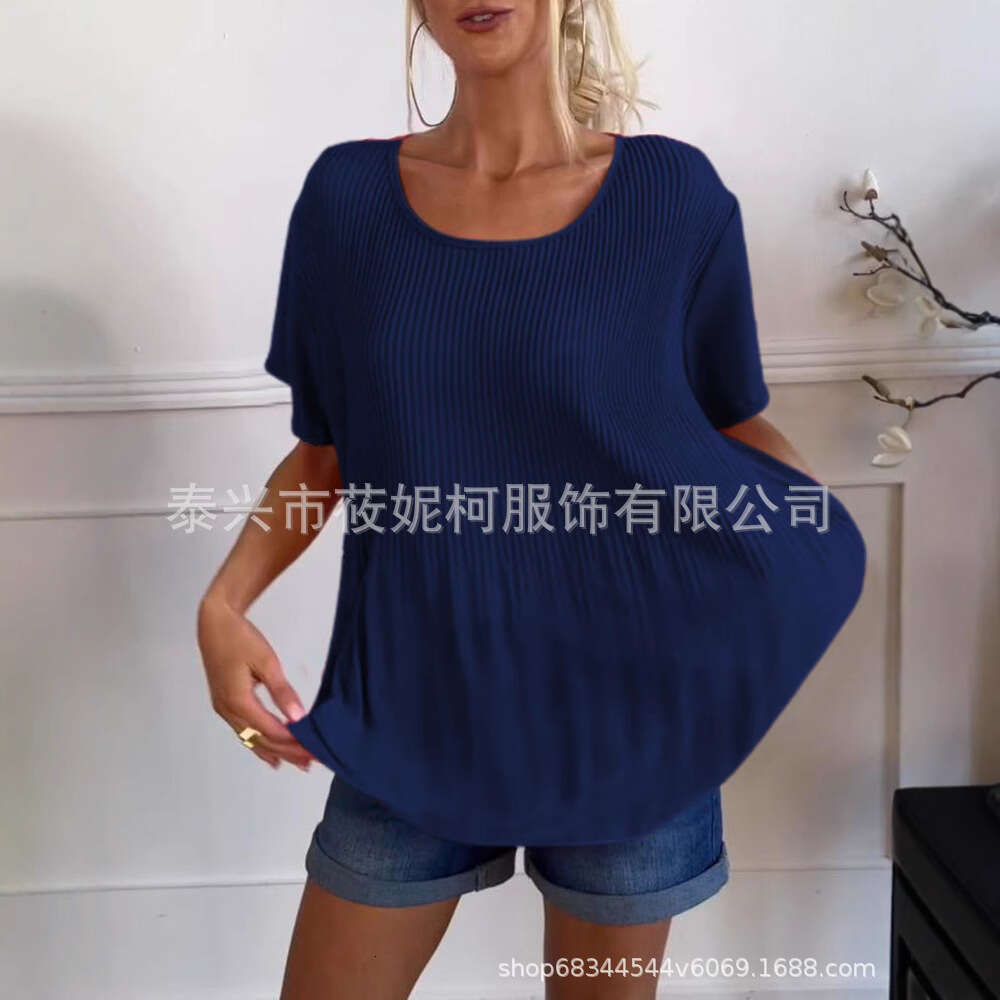 Plus Size Stylish Age-Reducing Pleated Short Sleeve Women's Summer Versatile High-End Elegant Simple Fashion Top B5