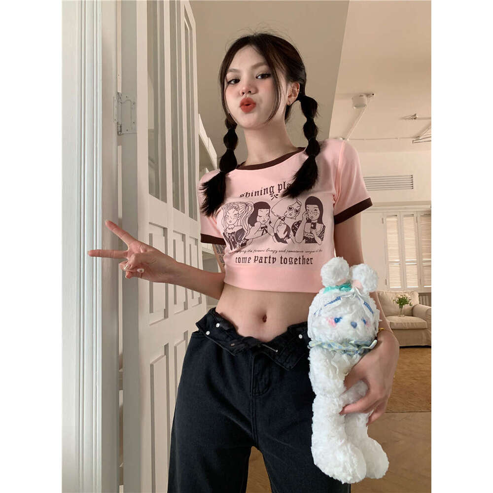 Summer American Style Printed T-Shirt Women, Color-Block Round Neck, Crop Top, Slim Fit Short Sleeve Top For Women B5