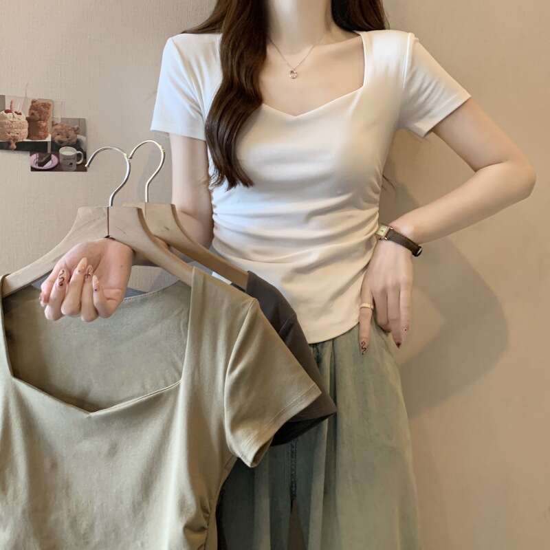 Square Neck Regular Shoulder Sleeve T-Shirt For Women Summer New Waist Slim Fit Short Student Ruched Top Trendy B5