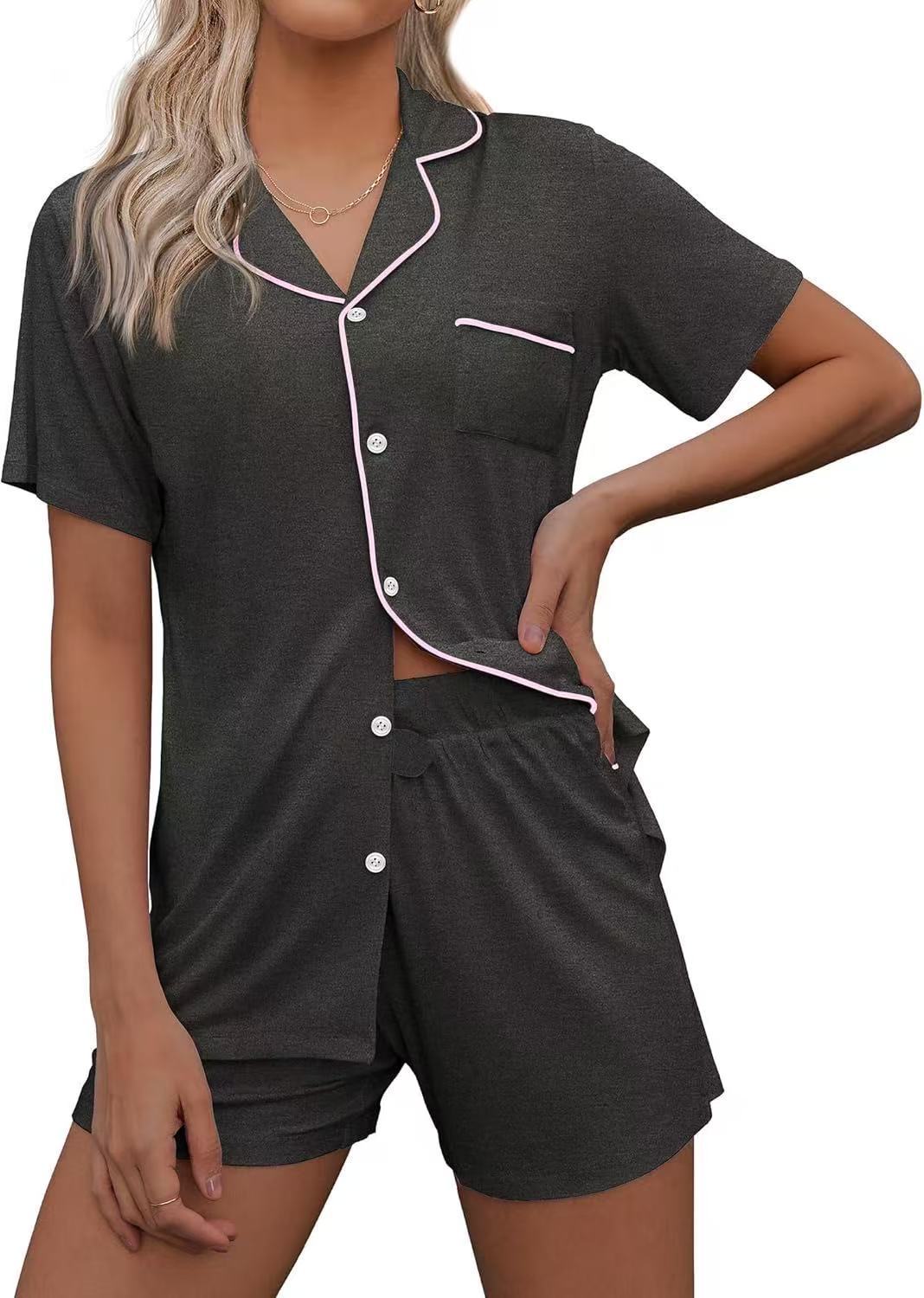 B962-Cardigan Pajamas Casual Lapel Ladies Home Clothes Set Shorts Short Sleeve Two-piece Set