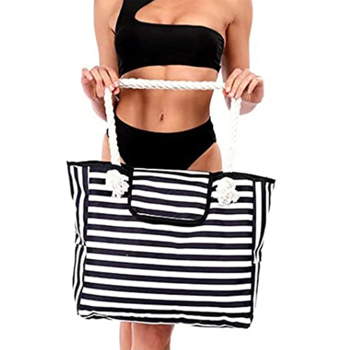 Women's Striped Beach Handbag - Linen Material Handbag - Foldable Lightweight Waterproof Travel Bag - 250730