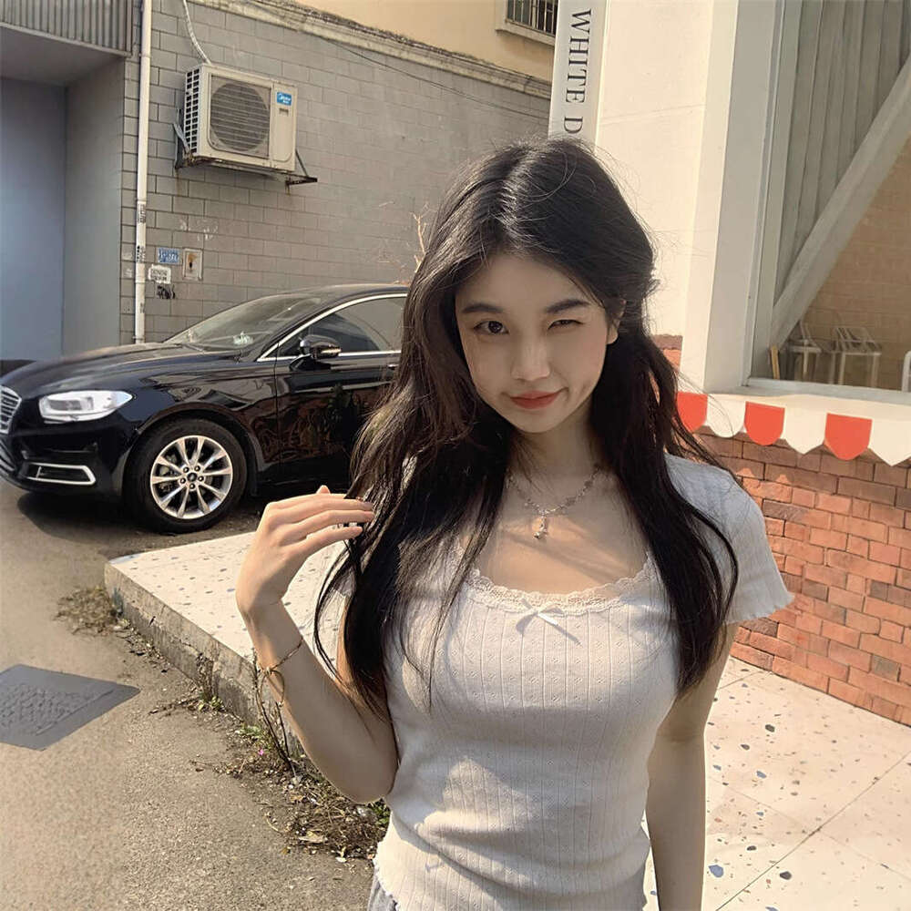 White Pure Desire Sweet Lace Slim Fit Slimming Base Layer Women's Summer Regular Shoulder Inner Wear Short Sleeve T-Shirt Top Ins B5