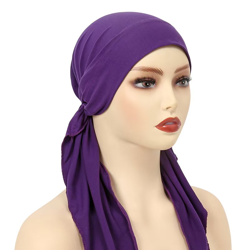 T1179 new cotton elastic double tail bottoming hat solid color ladies headscarf