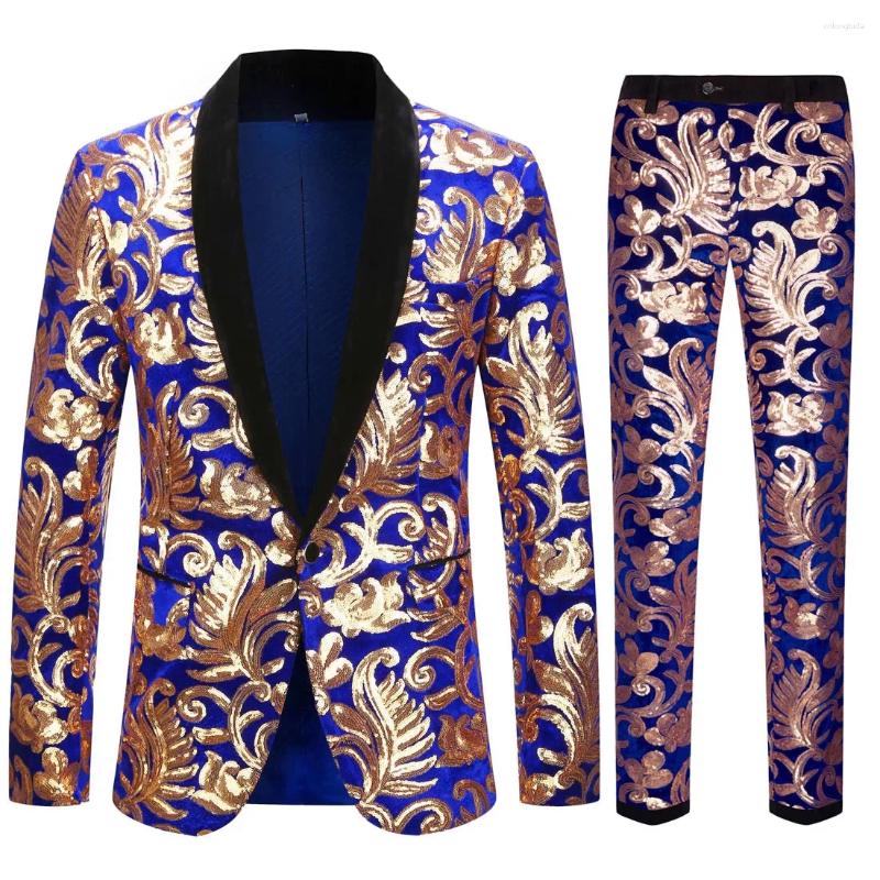 Men's Suits 2025 European Size (Blazer Trousers) Suit Fashion Excellent Blue Velvet Gold Sequin Wedding Groom Dress 2 Piece Set