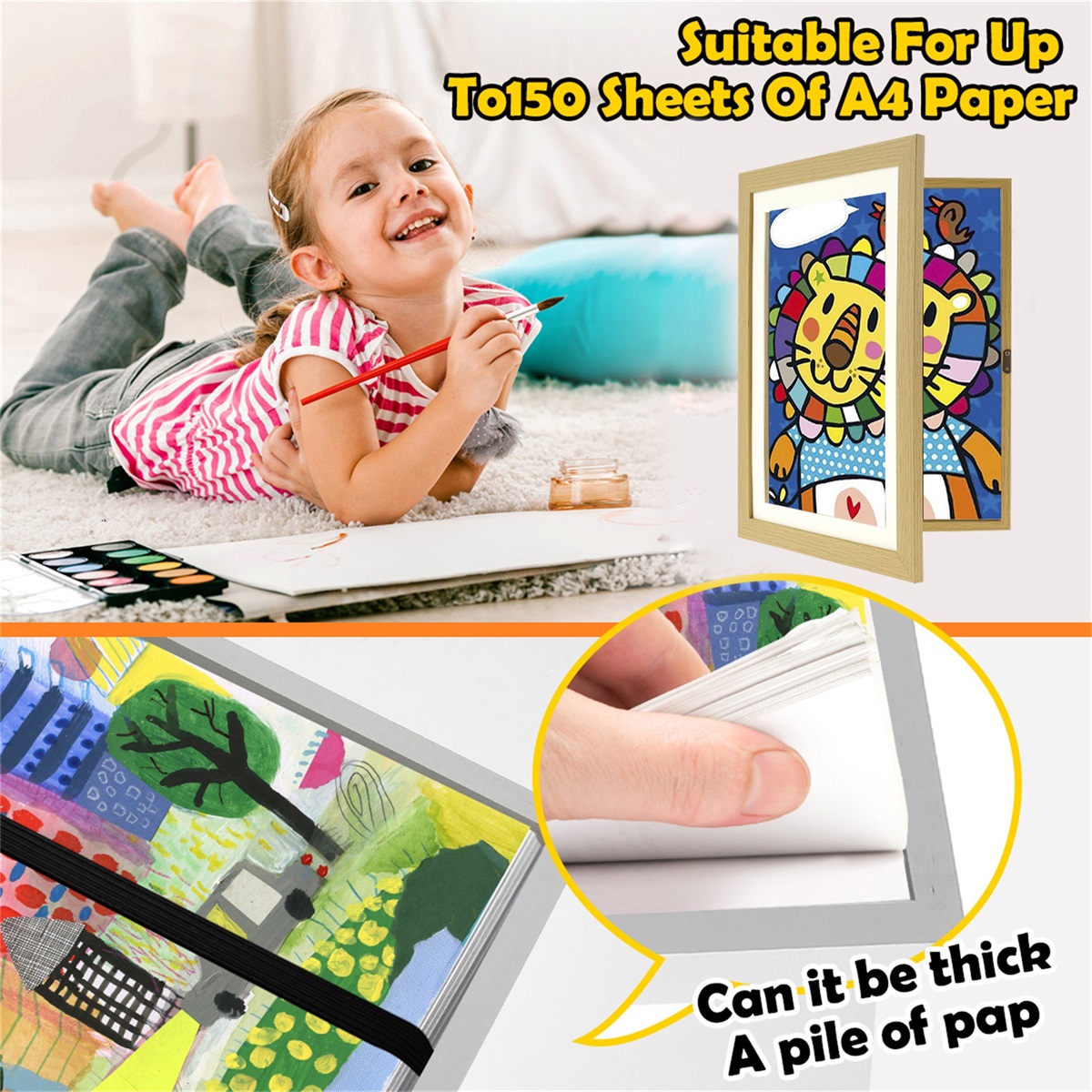 1/2Pcs Art Set A4 Front Opening Photo Frames Wooden Kids Artwork Display Frame for 100 Pictures Horizontal and H260306