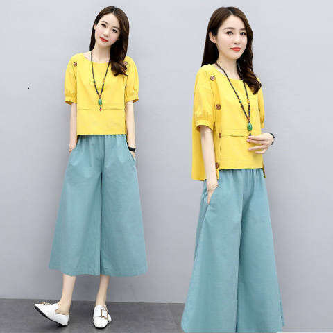 Two-Piece Short Sleeve Summer Outfit New Women's Fashionable Youthful Wide-Leg Pants Set Loose Slimming B5
