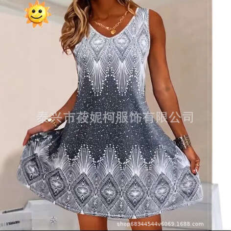 New Fashion Casual Versatile Ethnic Round Neck Tank Dress B5