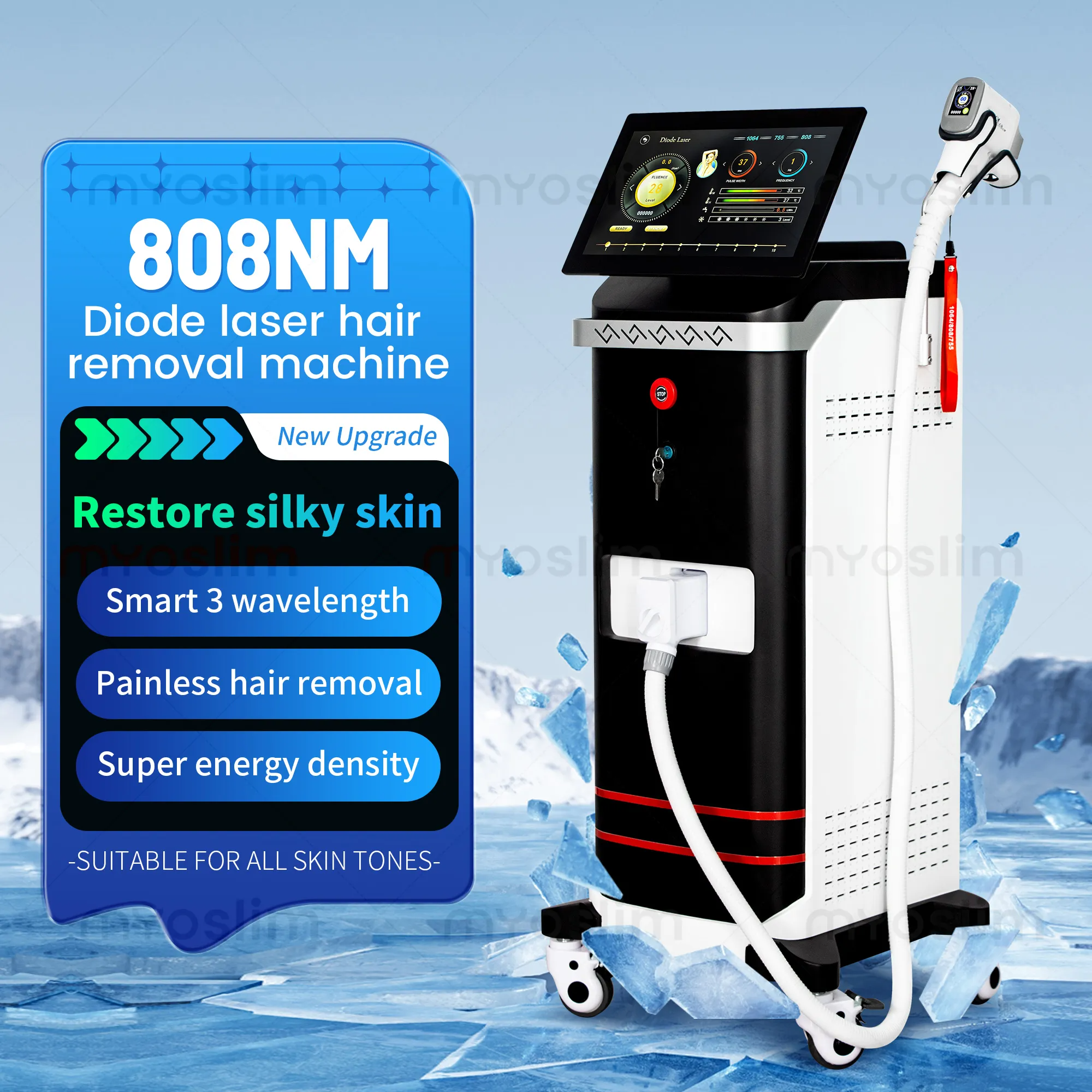 Professional Diode Laser Hair Removal Machine 808nm Painless Device for Full Body Hair Reduction and Skin Rejuvenation with Fast Cooling