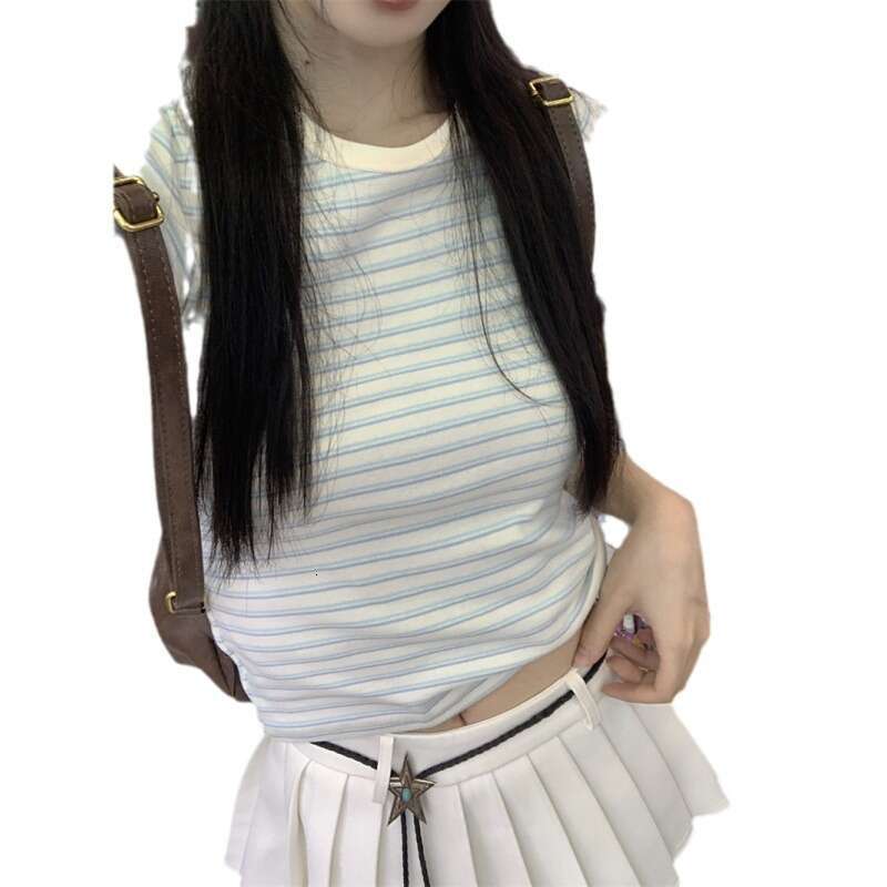 Sleeve Striped T-Shirt For Women Summer Hot Girl Slim Fit Base Shirt Versatile Student Short Top B5