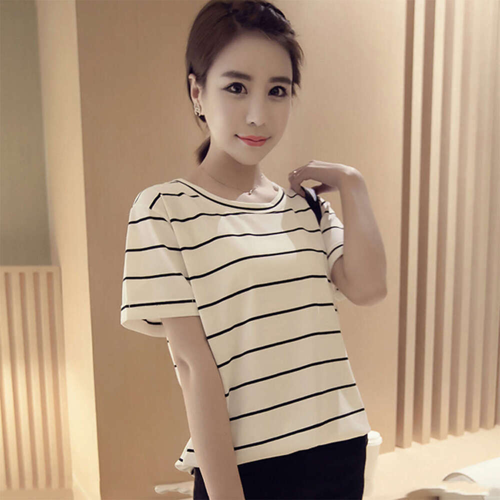 Summer New Korean Style Loose Plus Size Striped Short Sleeve T-Shirt Women's Top Base Shirt Ladies' Clothing B5