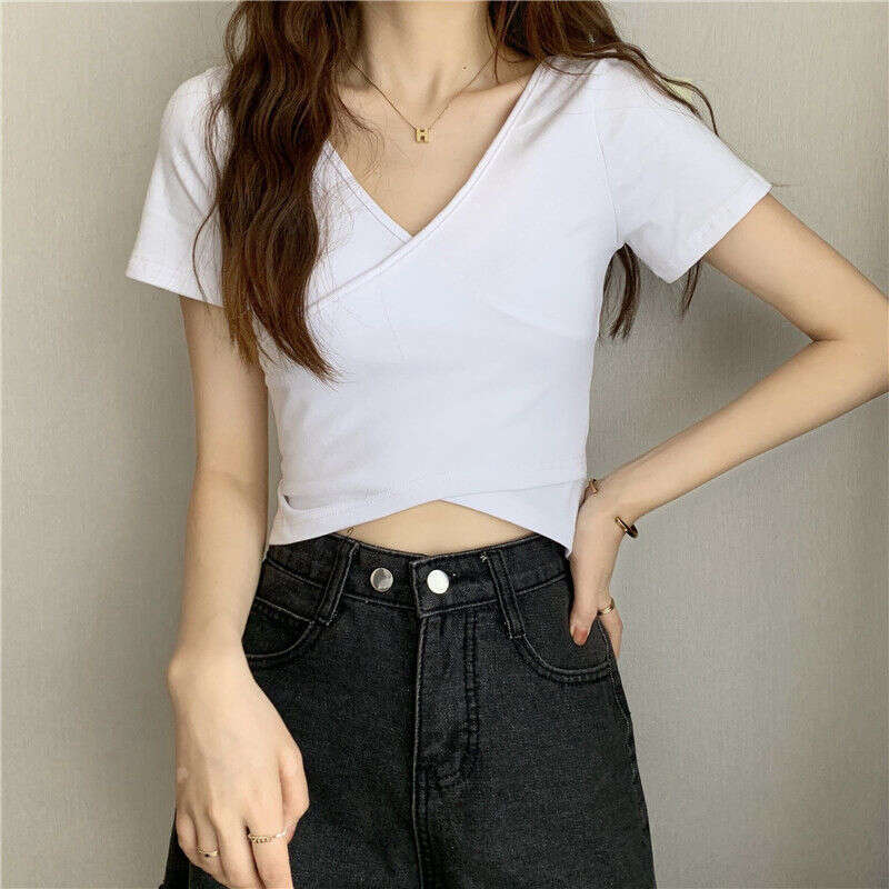 Summer New Design Cross Versatile Slim Fit Sleeve T-Shirt Korean Style Short Solid Color Top For Women B5