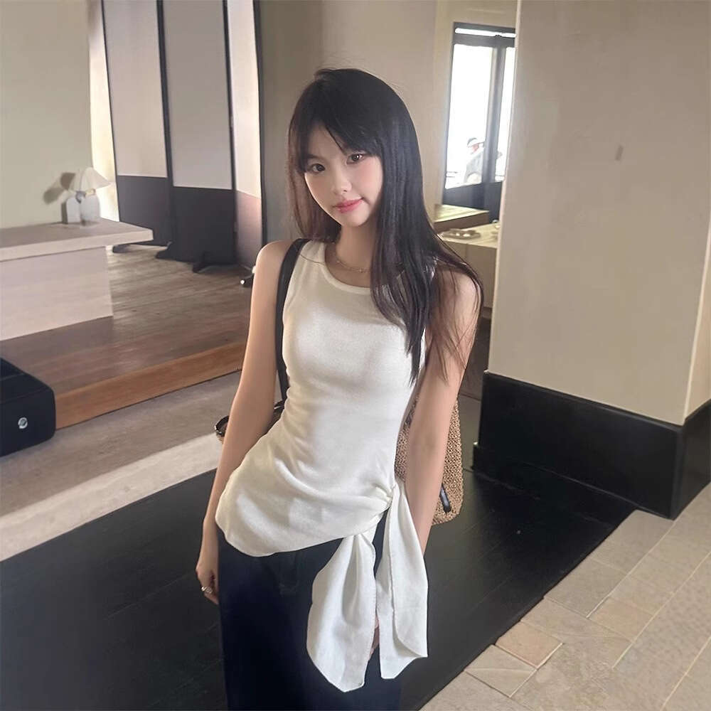 Summer Design Sense Lace-Up Knitted Camisole For Women, Slim Fit Versatile White Tight Student Top B5