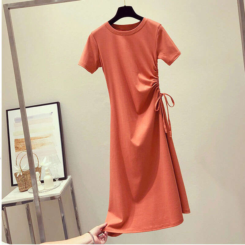 Avocado Green Summer New Ins Waist Slimming Drawstring Stylish Korean Version Student T-Shirt Dress For Women B5