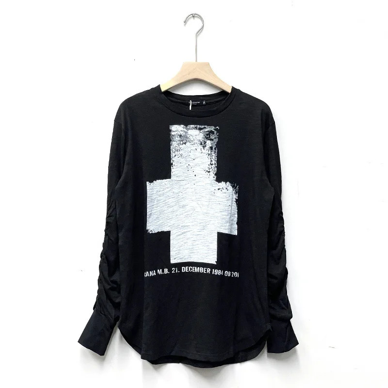 2025 Summer Cross Graffiti Print Hip Hop Punk Long Sleeve T Shirt Men Black White Gothic Vintage Tops Streetwear 250707