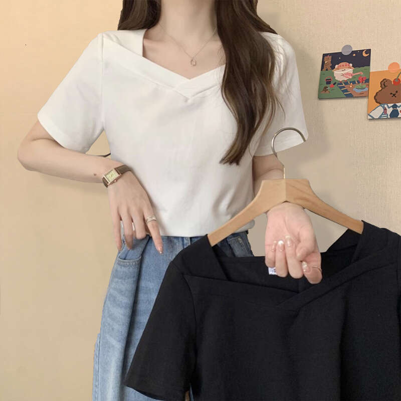 V-Neck Short Sleeve T-Shirt For Women Summer New Loose Slimming Solid Color Student Hot Girl Collarbone-Exposing Top With Design Sense B5