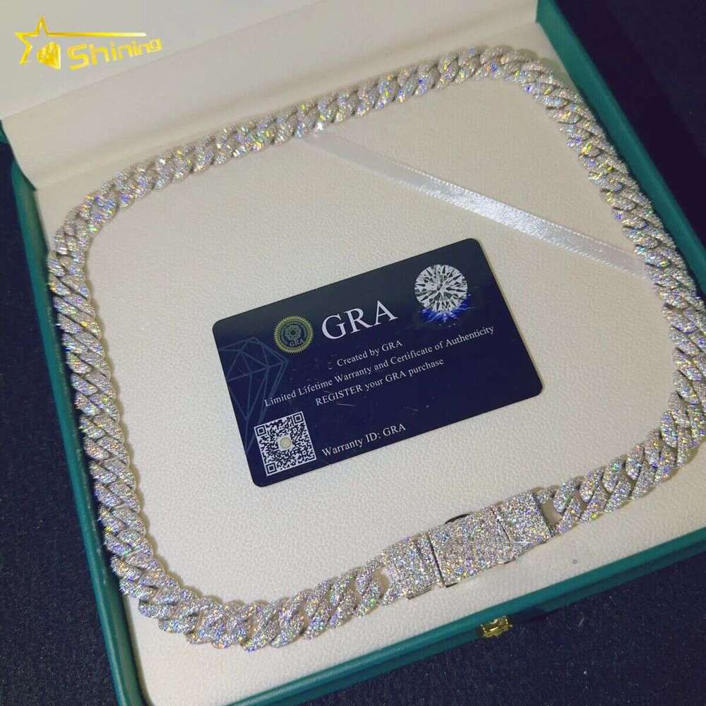 12mm Necklace Pure Sier Iced Out Hip Hop VVS Moissanite Cuban Bracelet Chain