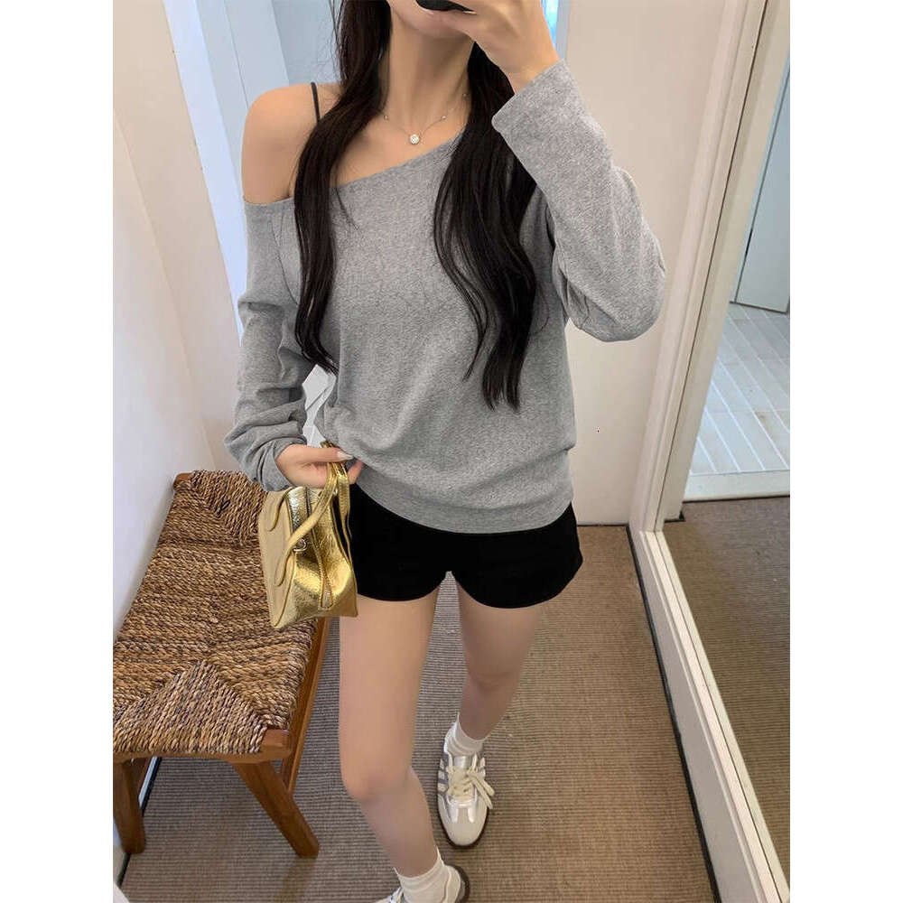 Long Sleeve T-Shirt New Autumn Sexy Off-Shoulder Loose Pure Desire Style Asymmetrical Student Top For Women B5
