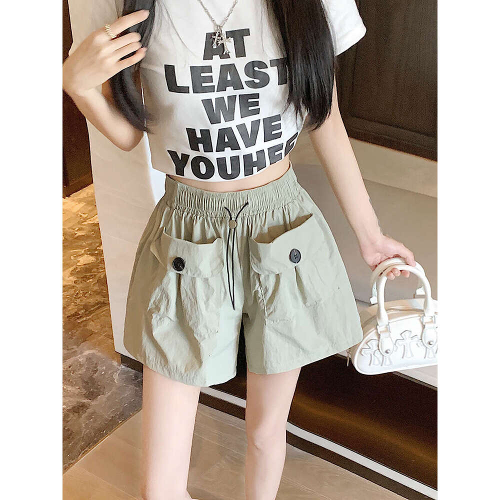 High Waist Slimming Hot Girl Gray Casual Shorts Women Summer New Workwear Wide Leg Double Pocket Drawstring Pants B5