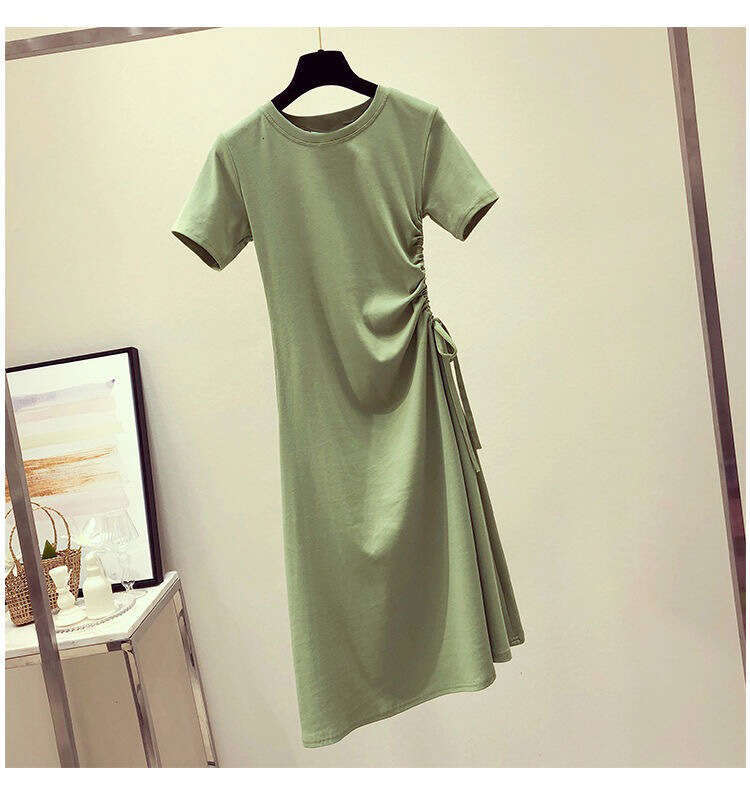 Avocado Green Summer New Ins Waist Slimming Drawstring Stylish Korean Version Student T-Shirt Dress For Women B5