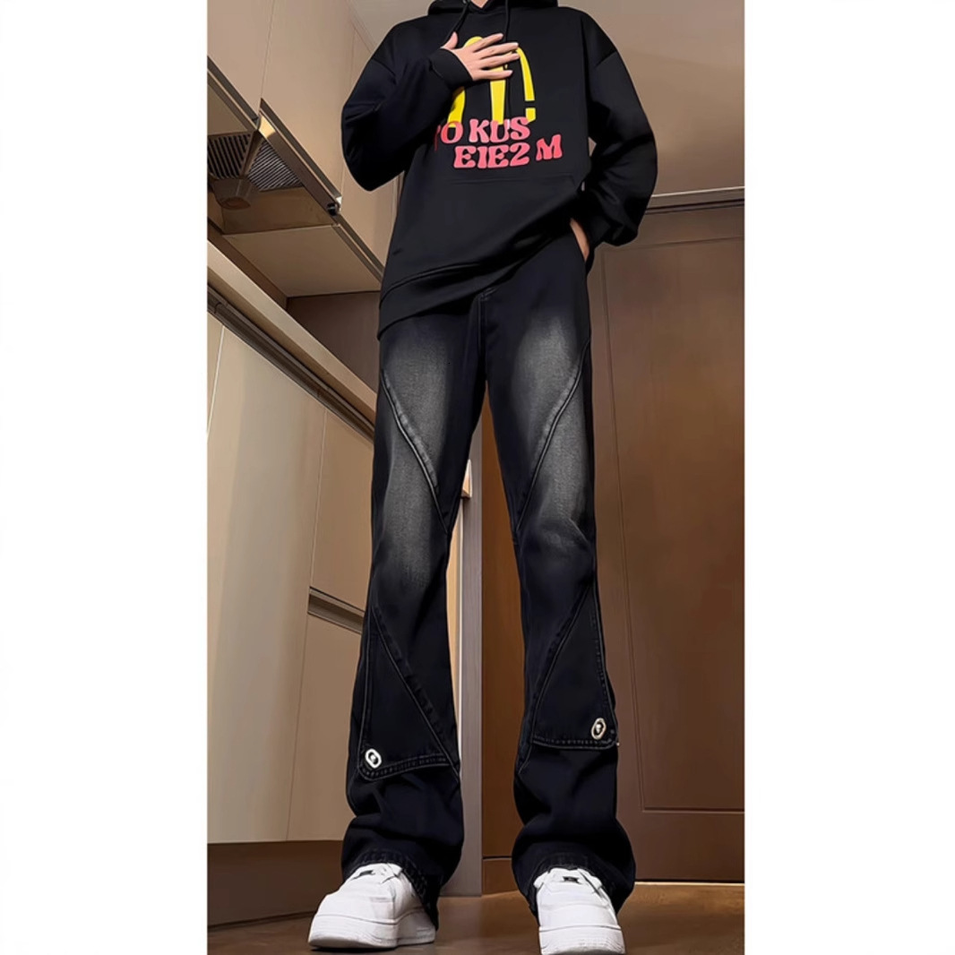 Designer Black Patchwork Casual Work Jeans, Men's Long Pants, Hip-hop Luxury Pants, High Street Slim-fit Pants, Flared Pants