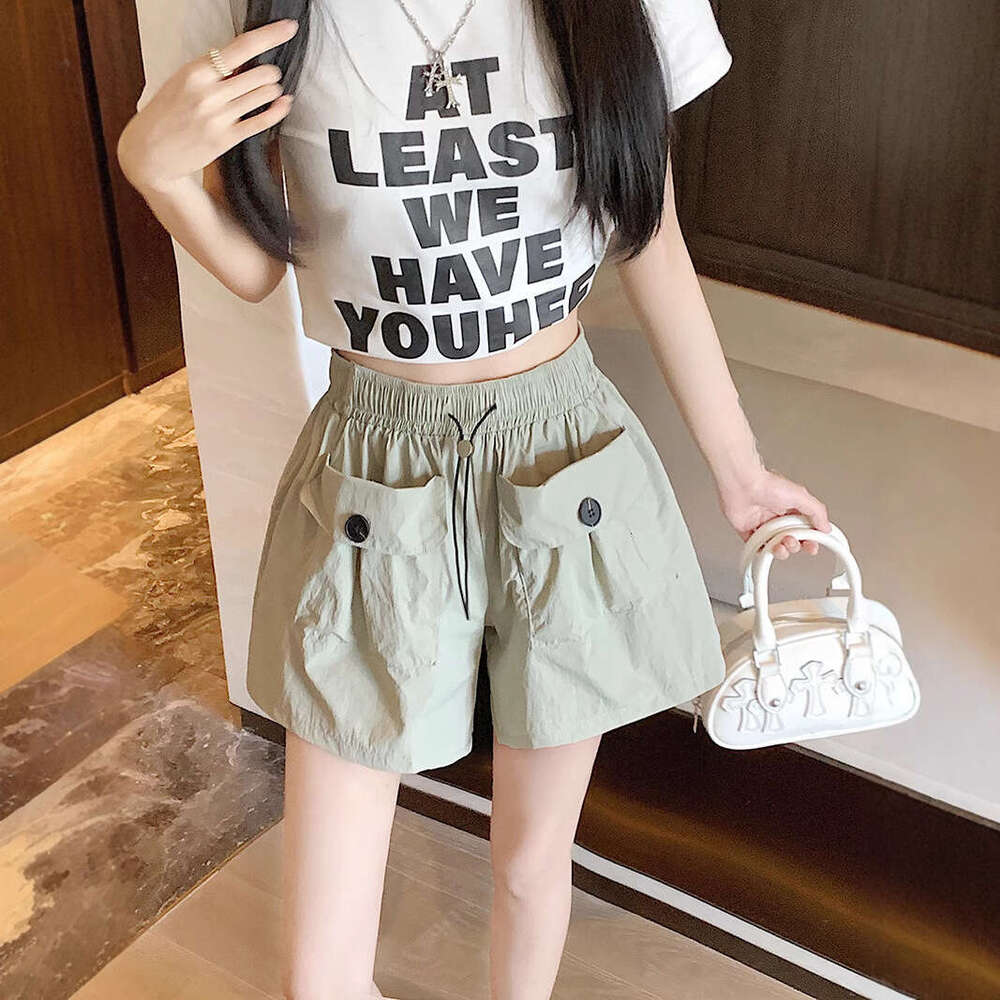 High Waist Slimming Hot Girl Gray Casual Shorts Women Summer New Workwear Wide Leg Double Pocket Drawstring Pants B5