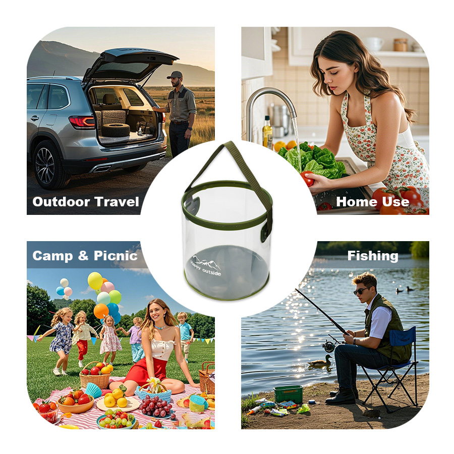 9.5L Clear Transparent Foldable Bucket - Food Contact Grade EVA Multipurpose Water Container for Travel Camping, Car Washing, Outdoor and Family Use