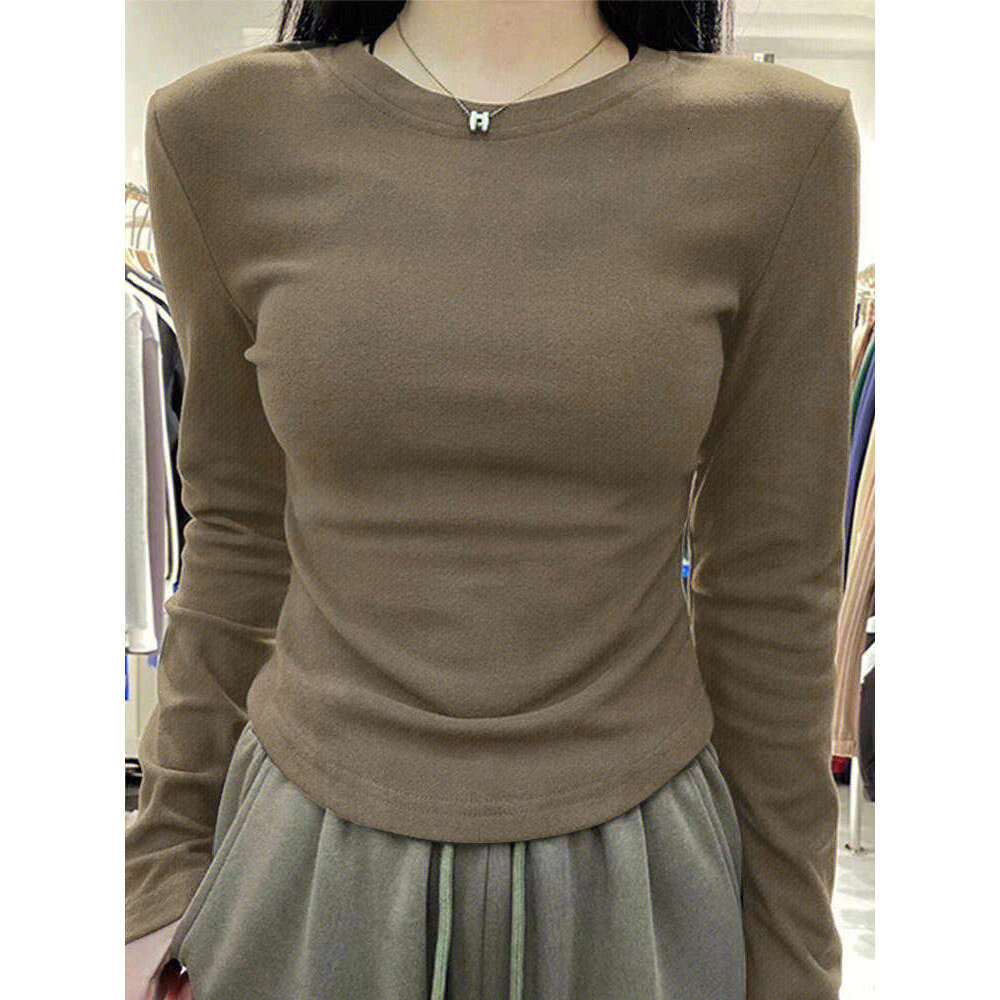 De Rong Inner Layer Base Shirt For Women, Autumn And Winter New Style, High-End Feel, Brushed Round Neck Slim Fit Long Sleeve T-Shirt Top B5