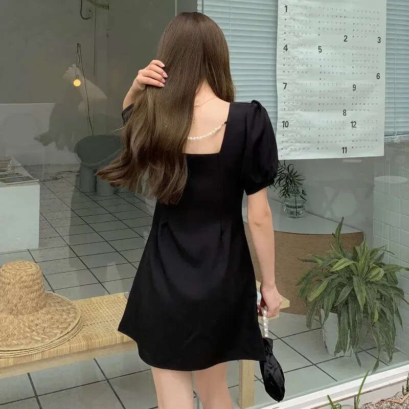 French Style Square Neck Ruched Puff Sleeve Irregular For Women Summer New Small Size Waist Slimming Dress B5