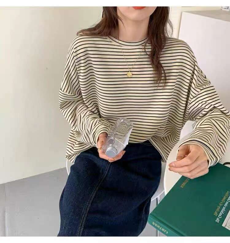 Striped Base Shirt Inner Wear Autumn Women's Thin Loose New Round Neck Long Sleeve T-Shirt Student Top Trendy B5