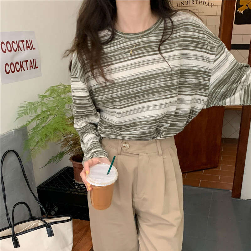 Striped Round Neck Long Sleeve T-Shirt Autumn New Design Loose Student Top Women's Ins Trend B5