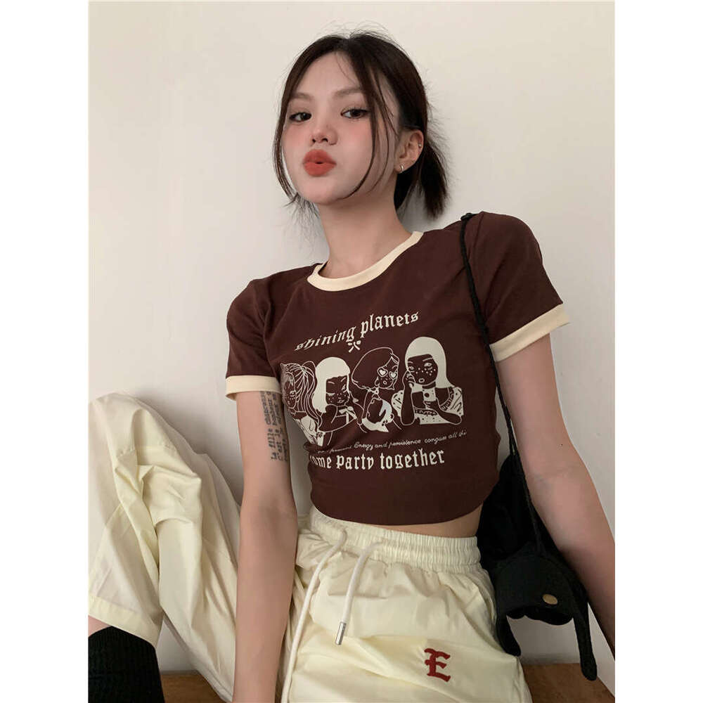 Summer American Style Printed T-Shirt Women, Color-Block Round Neck, Crop Top, Slim Fit Short Sleeve Top For Women B5